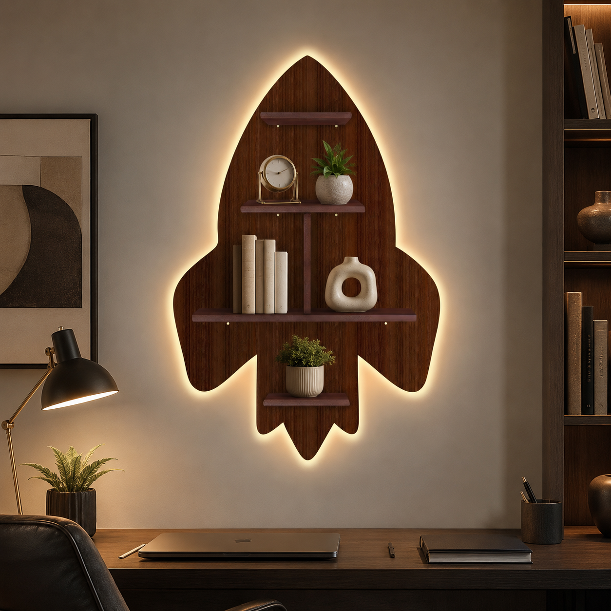 Rocket Shape Wooden Wall Shelf LED Light Wall Shelf with Walnut Finish