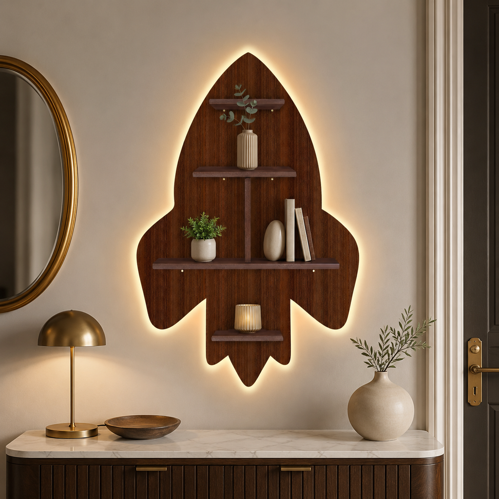 Rocket Shape Wooden Wall Shelf LED Light Wall Shelf with Walnut Finish