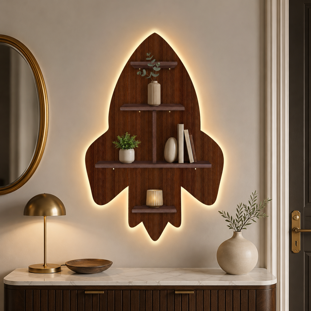 Rocket Shape Wooden Wall Shelf LED Light Wall Shelf with Walnut Finish
