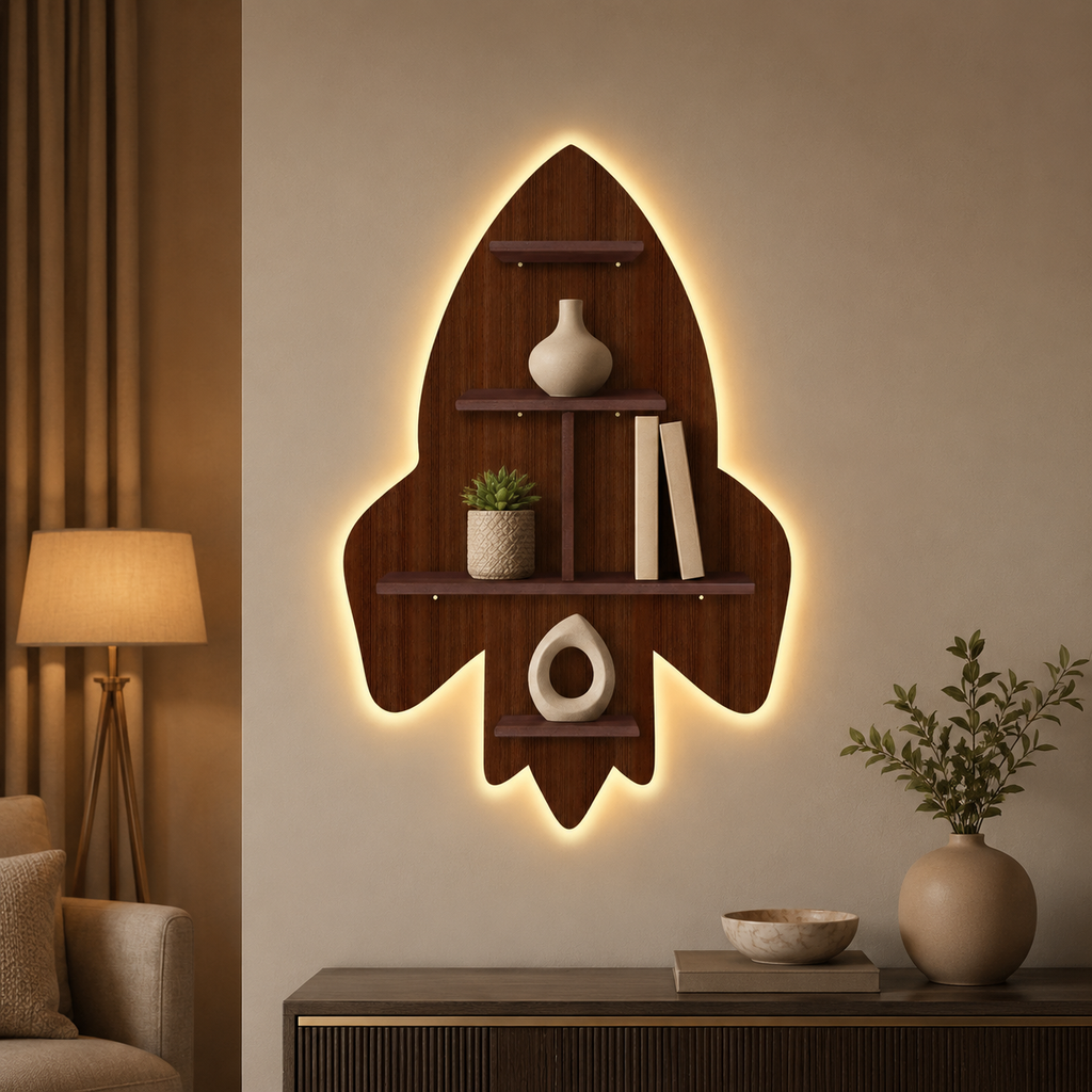 Rocket Shape Wooden Wall Shelf LED Light Wall Shelf with Walnut Finish