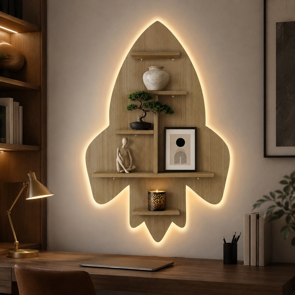 Rocket Shape Wooden Wall Shelf LED Light Wall Shelf with Oak Finish