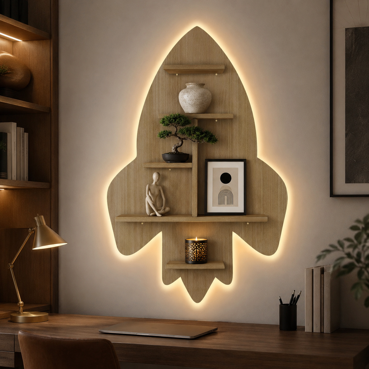 Rocket Shape Wooden Wall Shelf LED Light Wall Shelf with Oak Finish