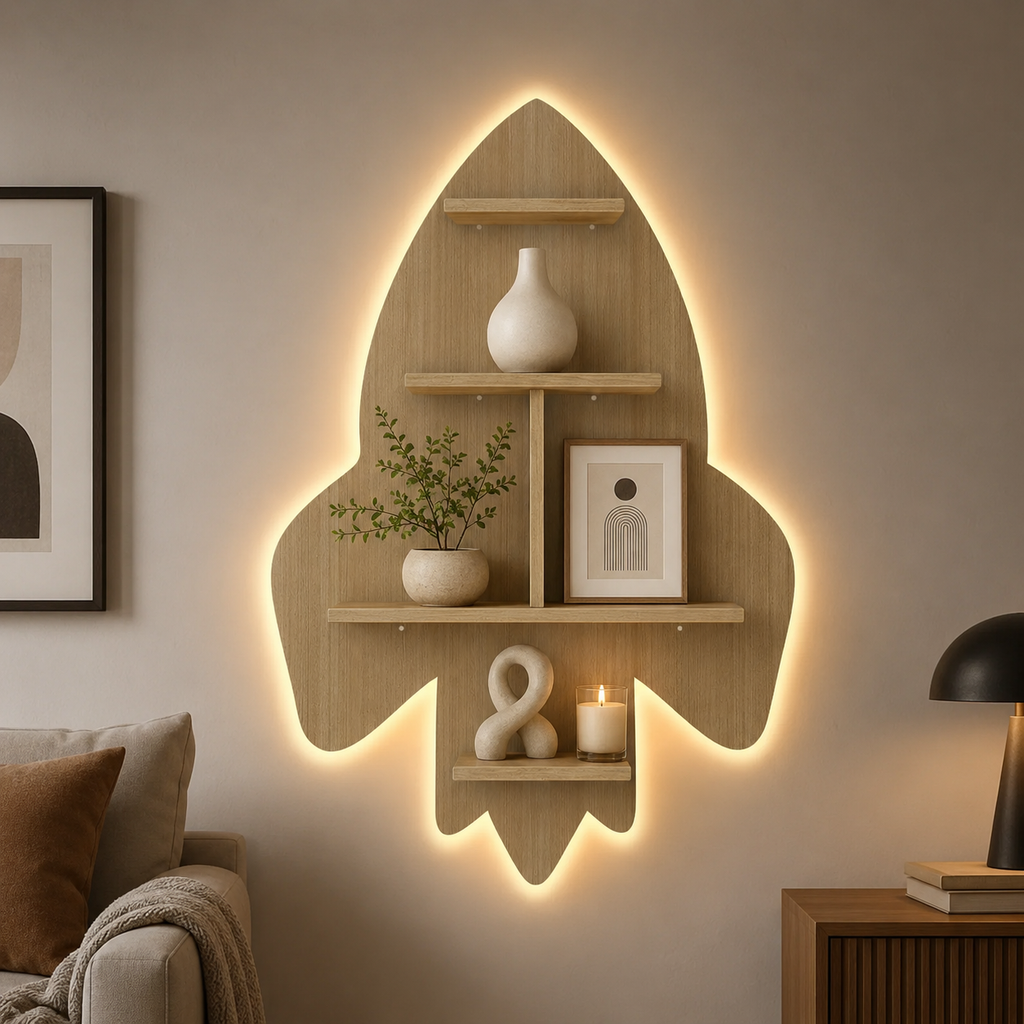 Rocket Shape Wooden Wall Shelf LED Light Wall Shelf with Oak Finish