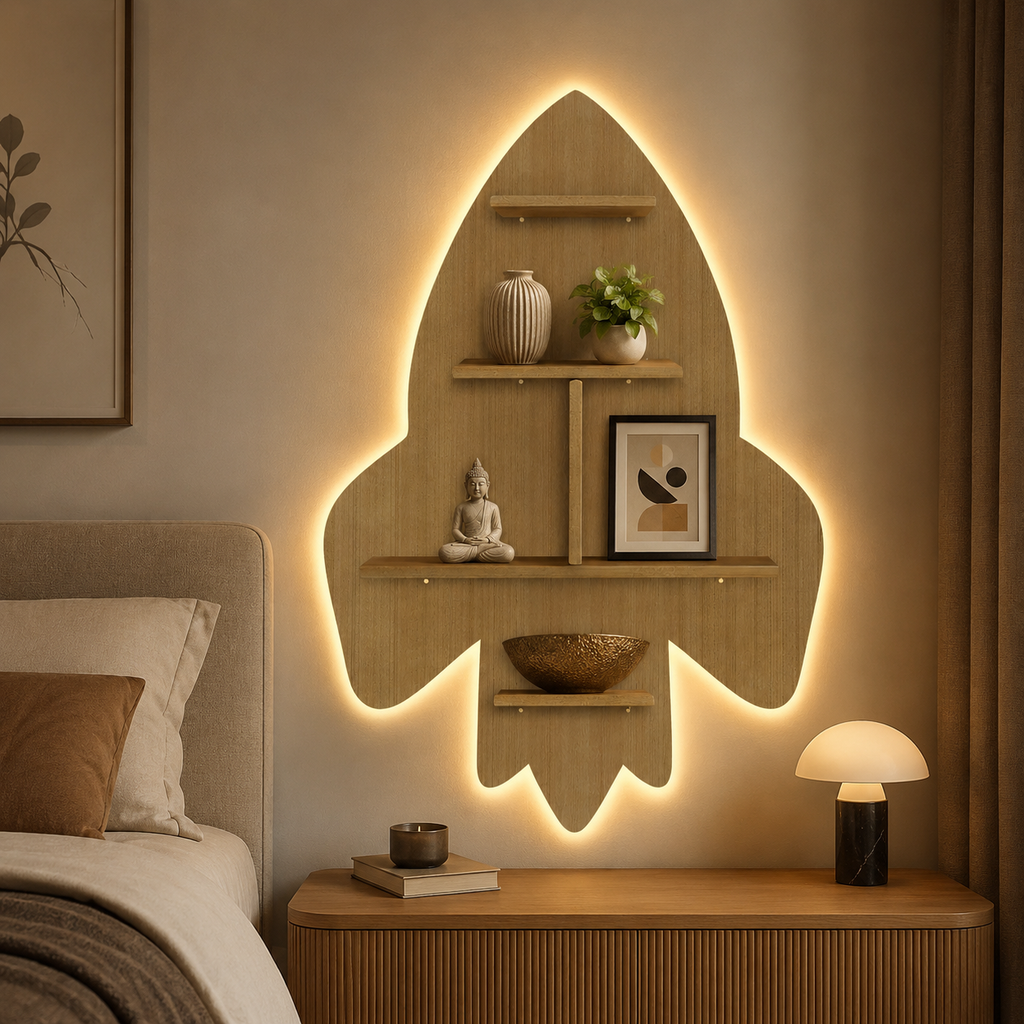 Rocket Shape Wooden Wall Shelf LED Light Wall Shelf with Oak Finish