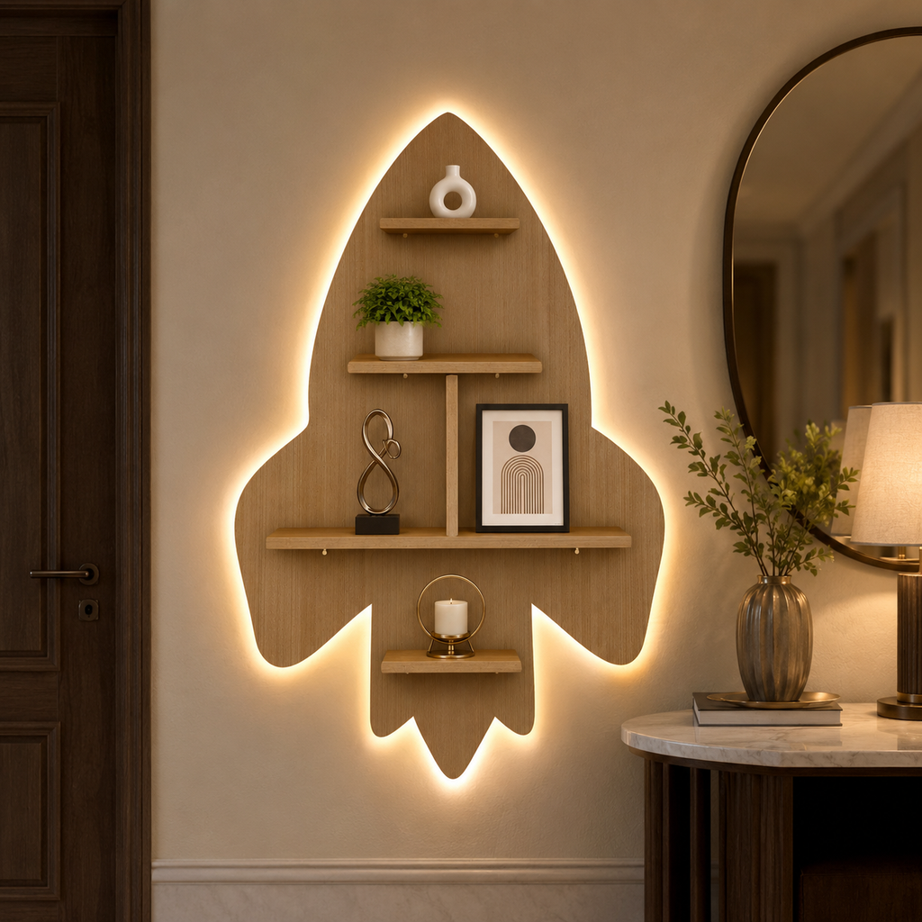 Rocket Shape Wooden Wall Shelf LED Light Wall Shelf with Oak Finish