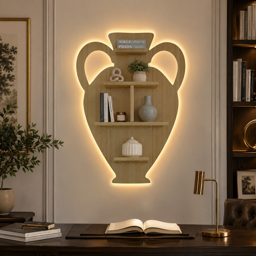 Pitcher Shape Wooden LED Light Wall Shelf with Oak Finish