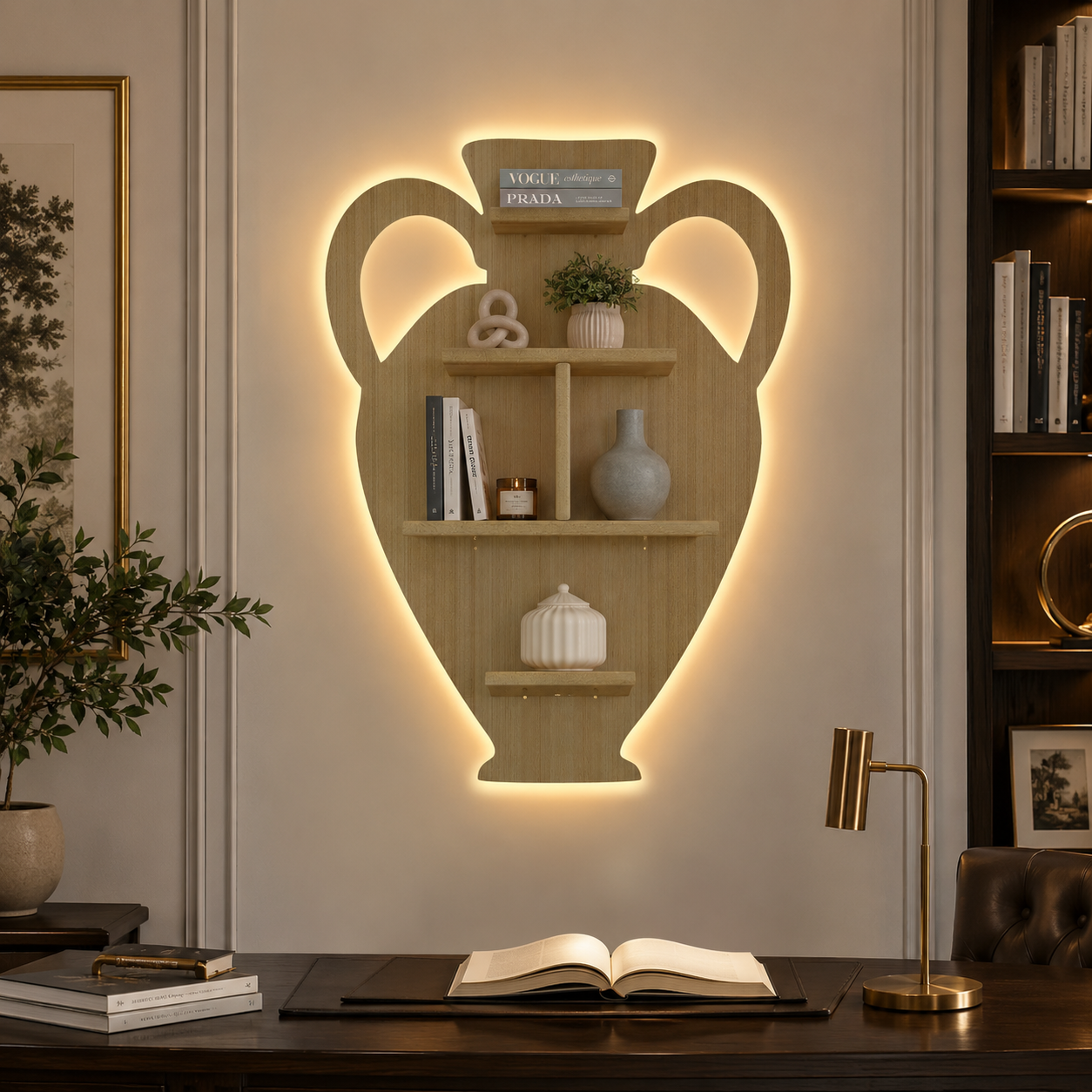 Pitcher Shape Wooden LED Light Wall Shelf with Oak Finish