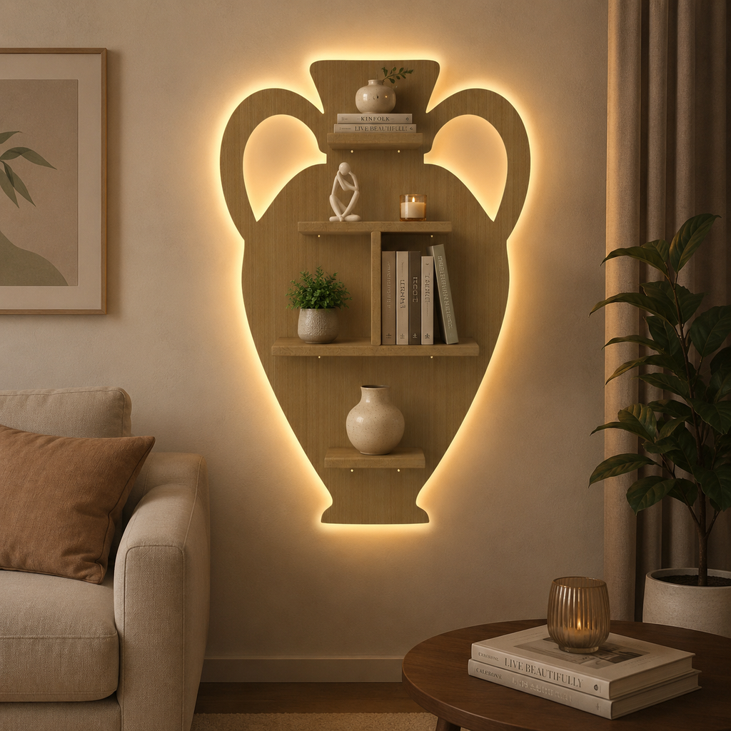 Pitcher Shape Wooden LED Light Wall Shelf with Oak Finish