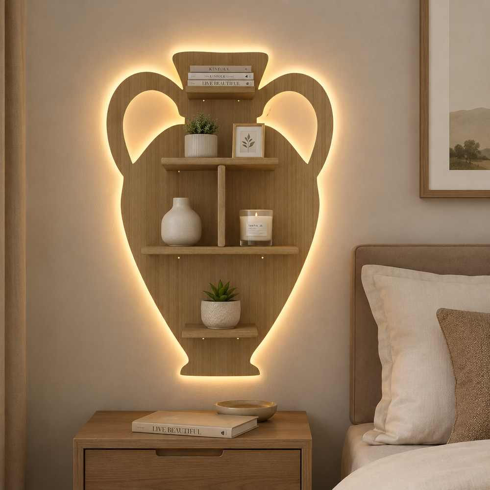 Pitcher Shape Wooden LED Light Wall Shelf with Oak Finish