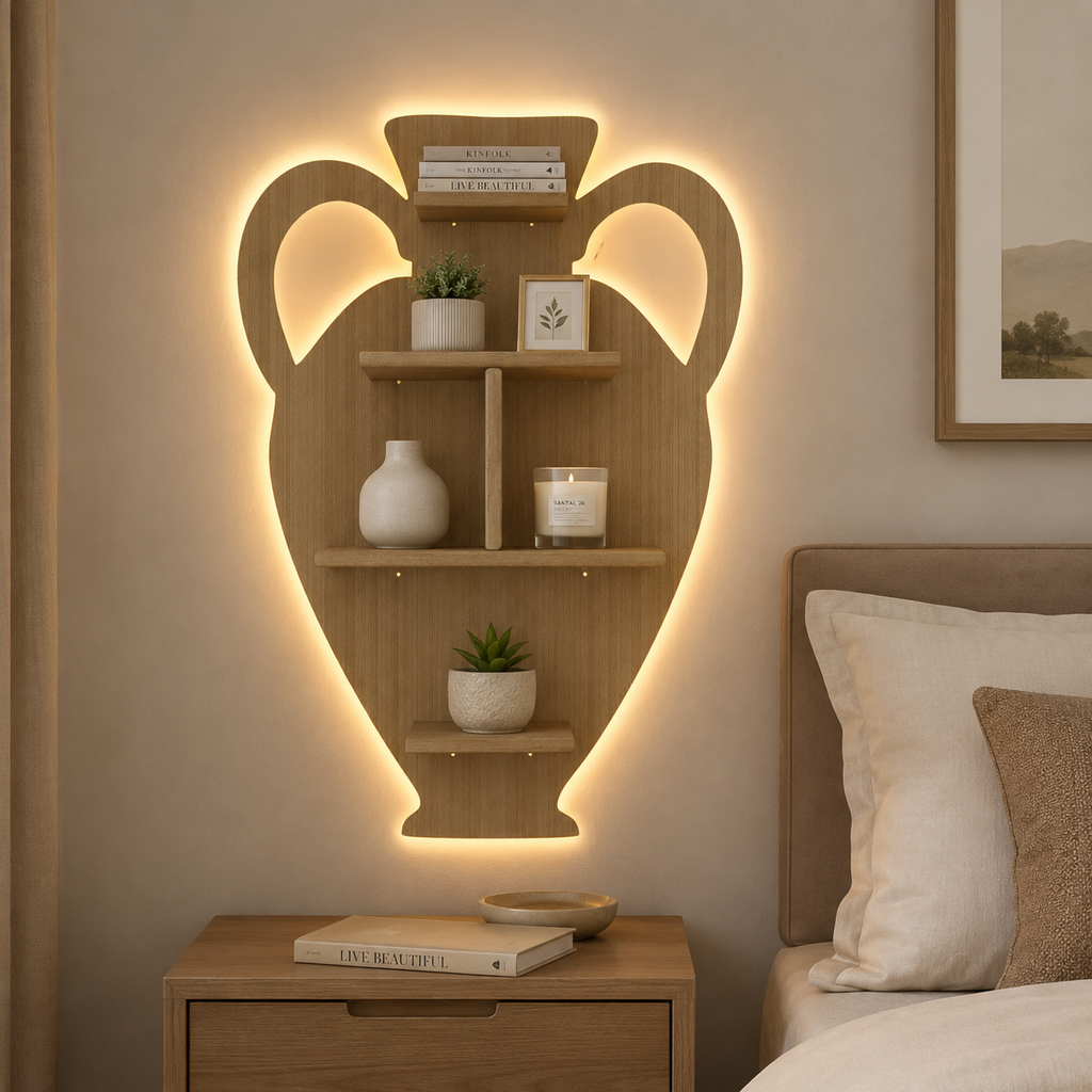 Pitcher Shape Wooden LED Light Wall Shelf with Oak Finish