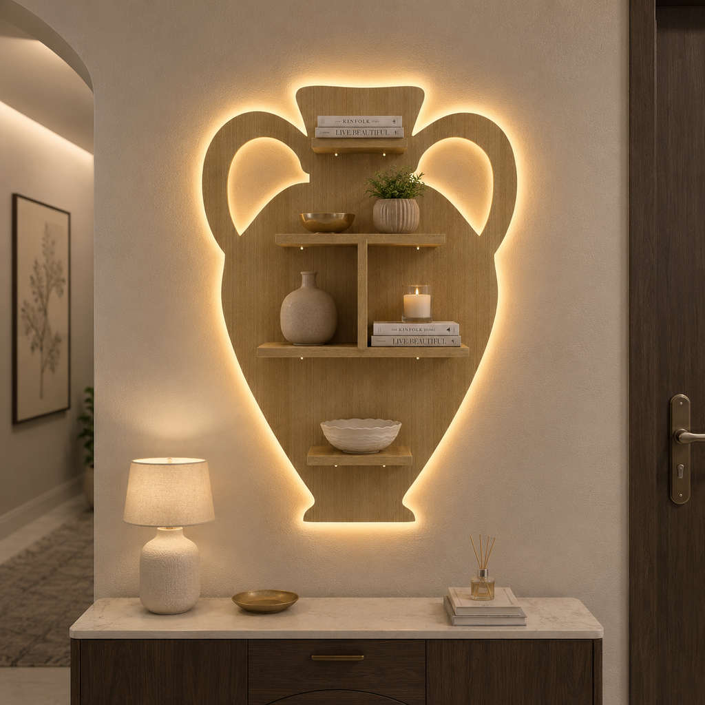 Pitcher Shape Wooden LED Light Wall Shelf with Oak Finish