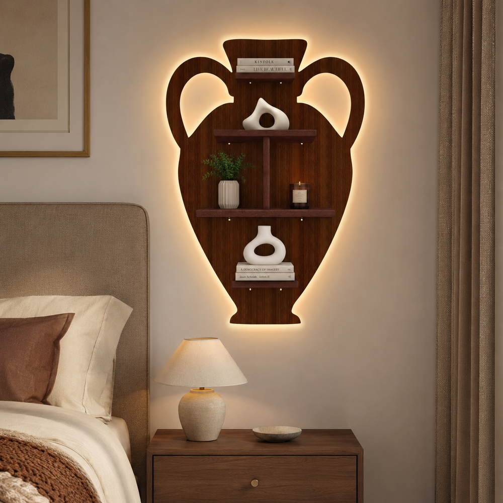 Pitcher Shape Wooden LED Light Wall Shelf with Walnut Finish