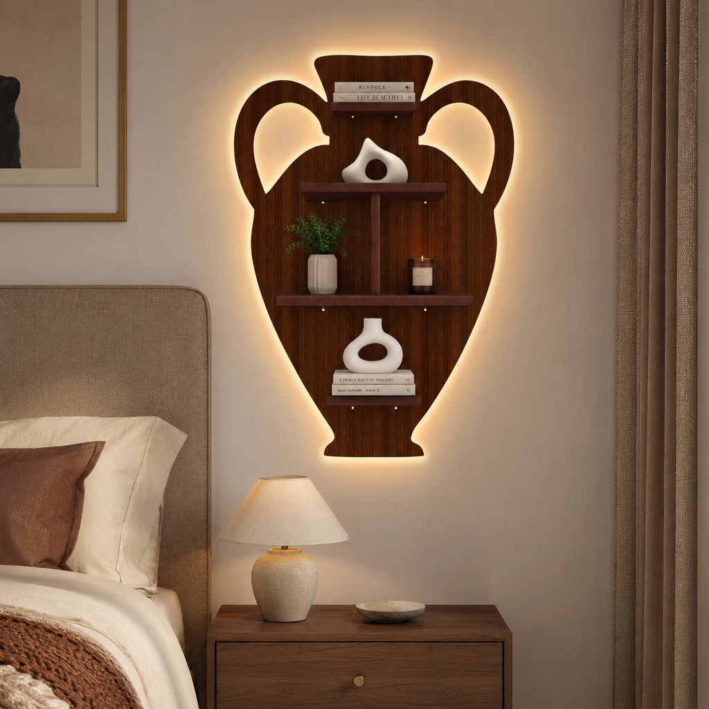 Pitcher Shape Wooden LED Light Wall Shelf with Walnut Finish