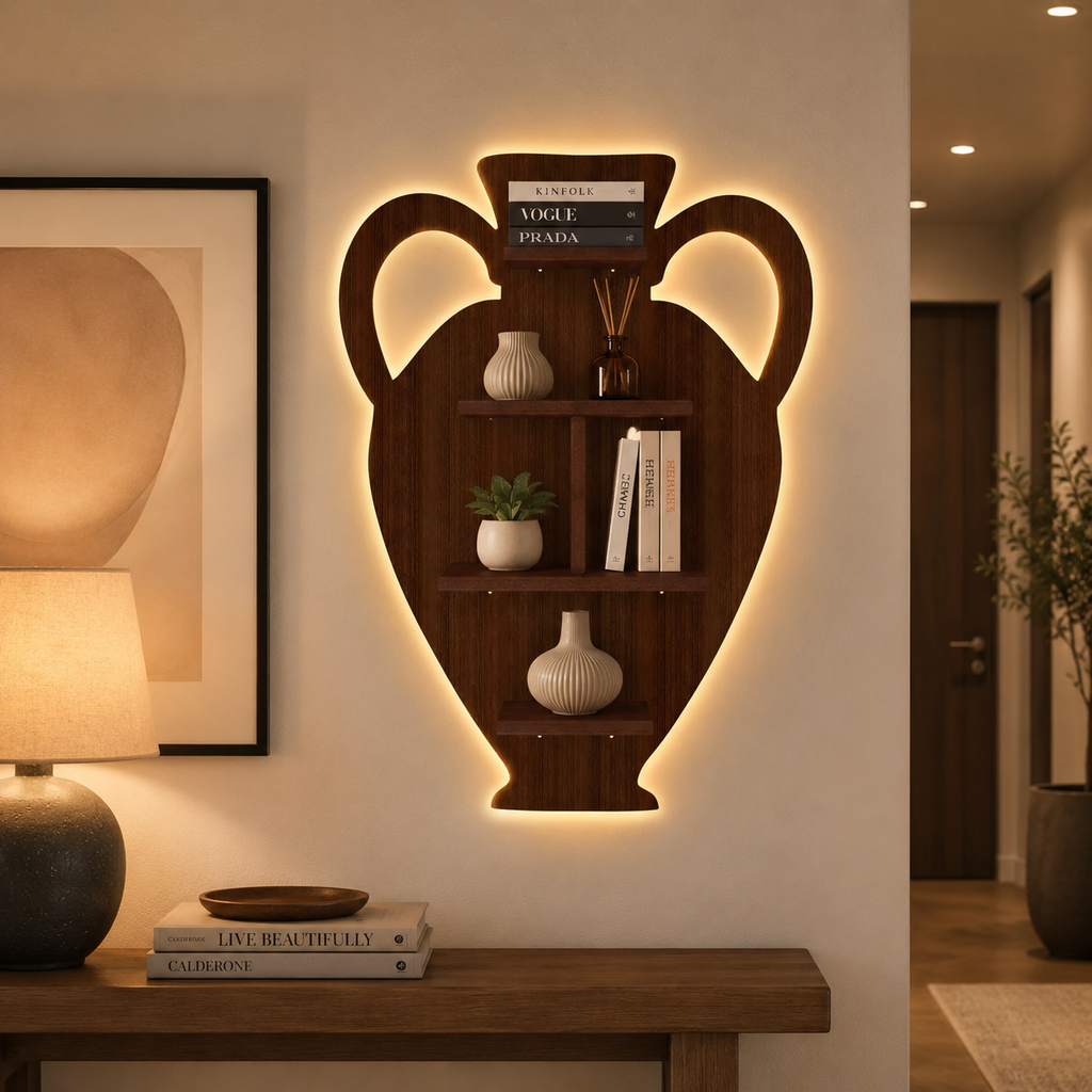 Pitcher Shape Wooden LED Light Wall Shelf with Walnut Finish
