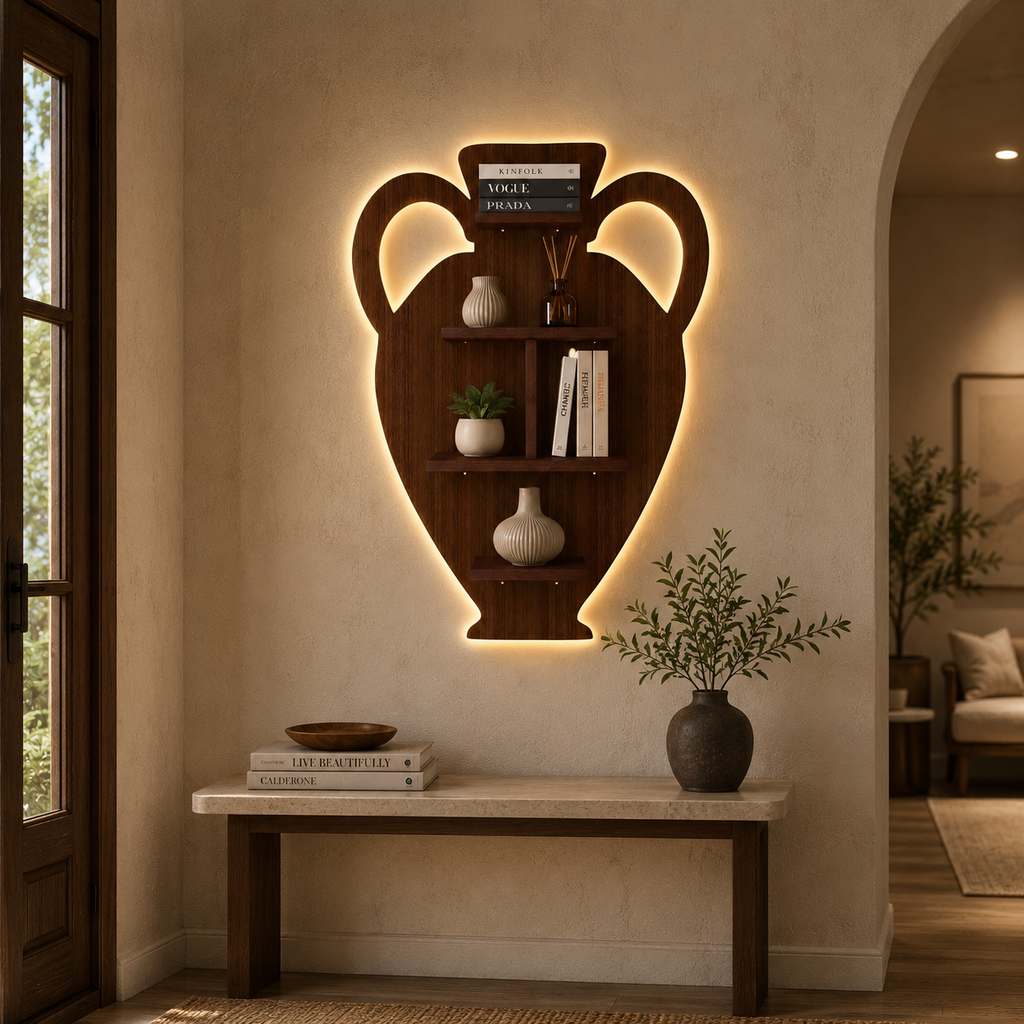 Pitcher Shape Wooden LED Light Wall Shelf with Walnut Finish