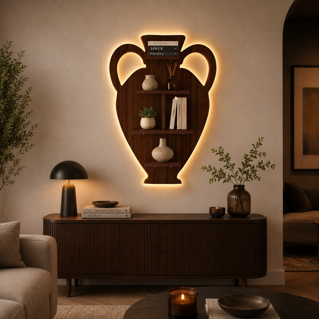 Pitcher Shape Wooden LED Light Wall Shelf with Walnut Finish
