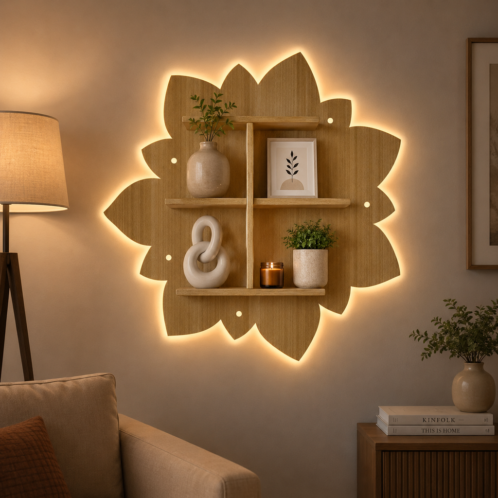 Designer Rangoli Shape Wooden LED Light Wall Shelf with Oak Finish