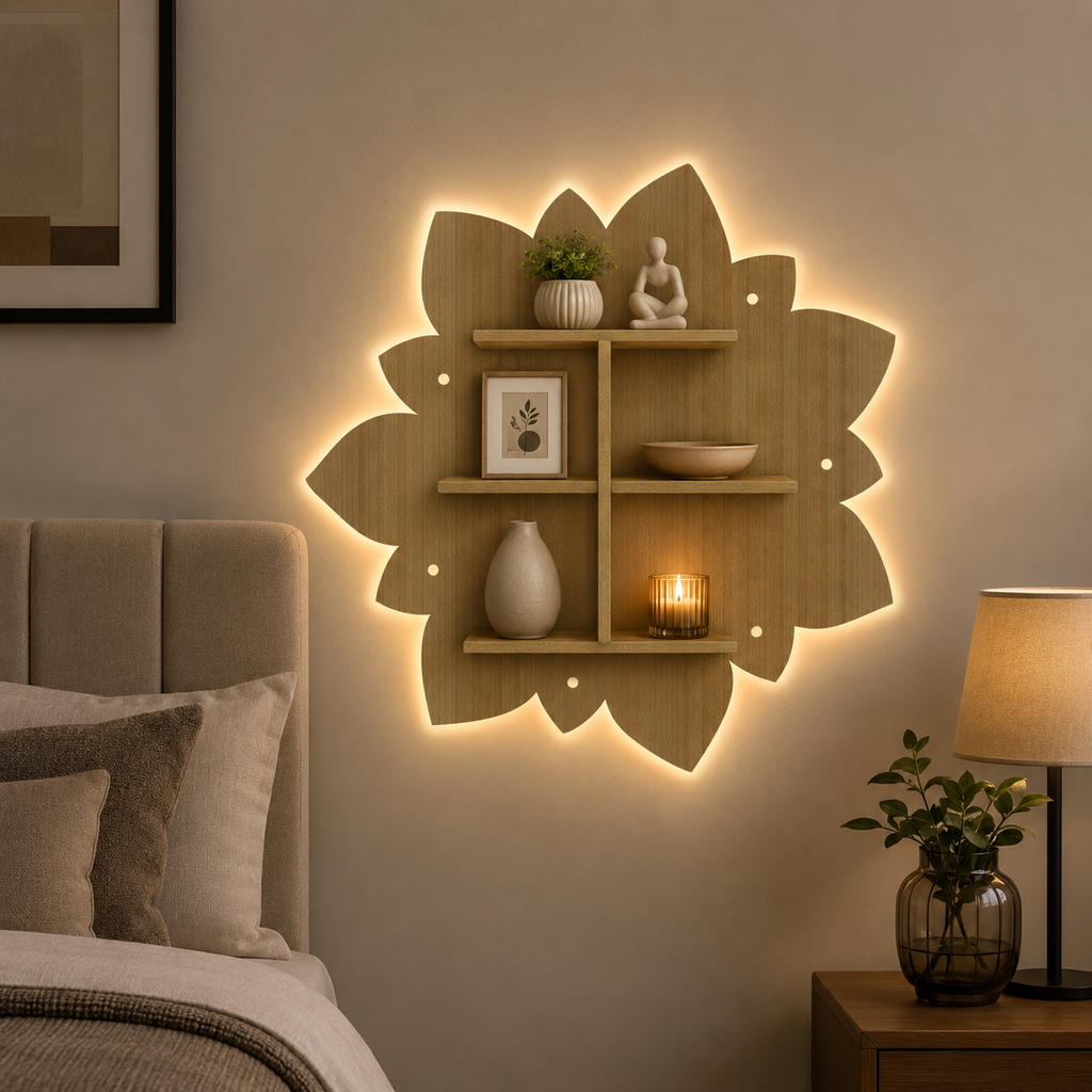 Designer Rangoli Shape Wooden LED Light Wall Shelf with Oak Finish