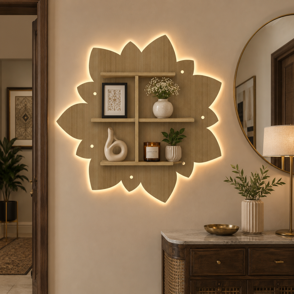 Designer Rangoli Shape Wooden LED Light Wall Shelf with Oak Finish