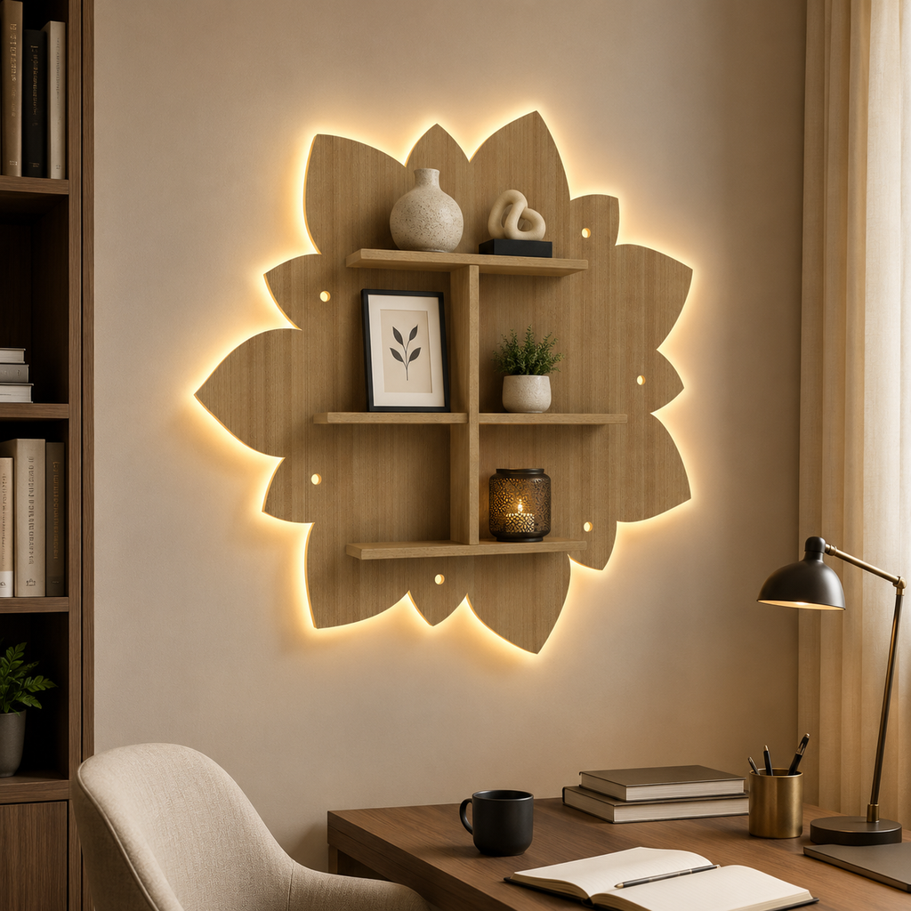 Designer Rangoli Shape Wooden LED Light Wall Shelf with Oak Finish