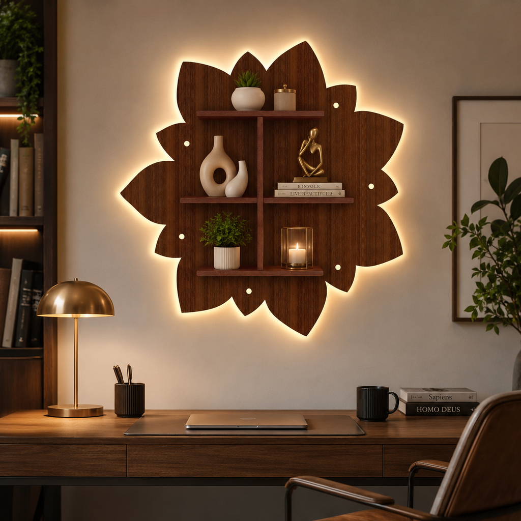 Designer Rangoli Shape Wooden LED Light Wall Shelf with Walnut Finish