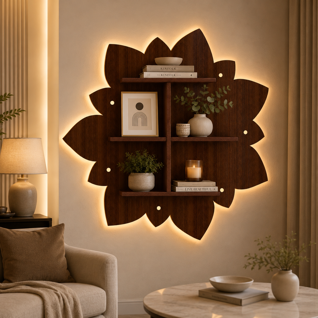 Designer Rangoli Shape Wooden LED Light Wall Shelf with Walnut Finish