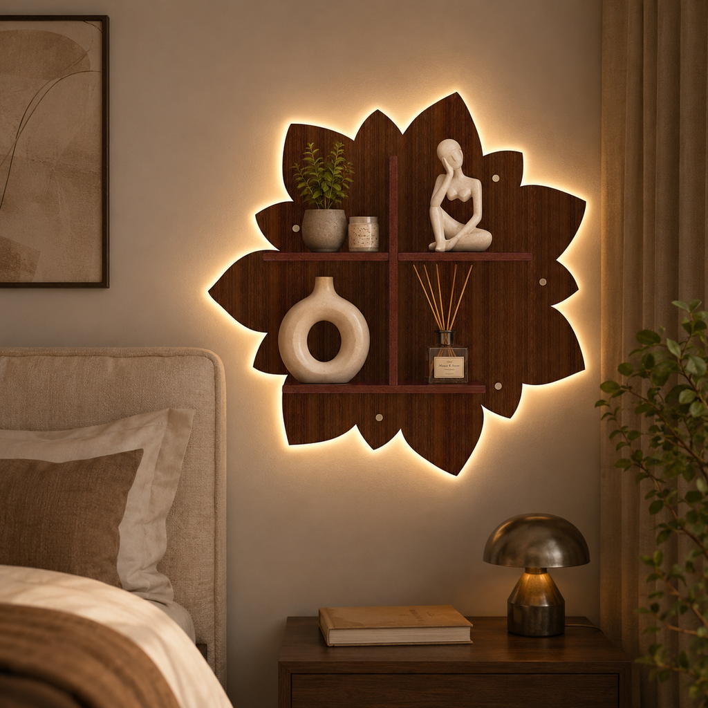 Designer Rangoli Shape Wooden LED Light Wall Shelf with Walnut Finish