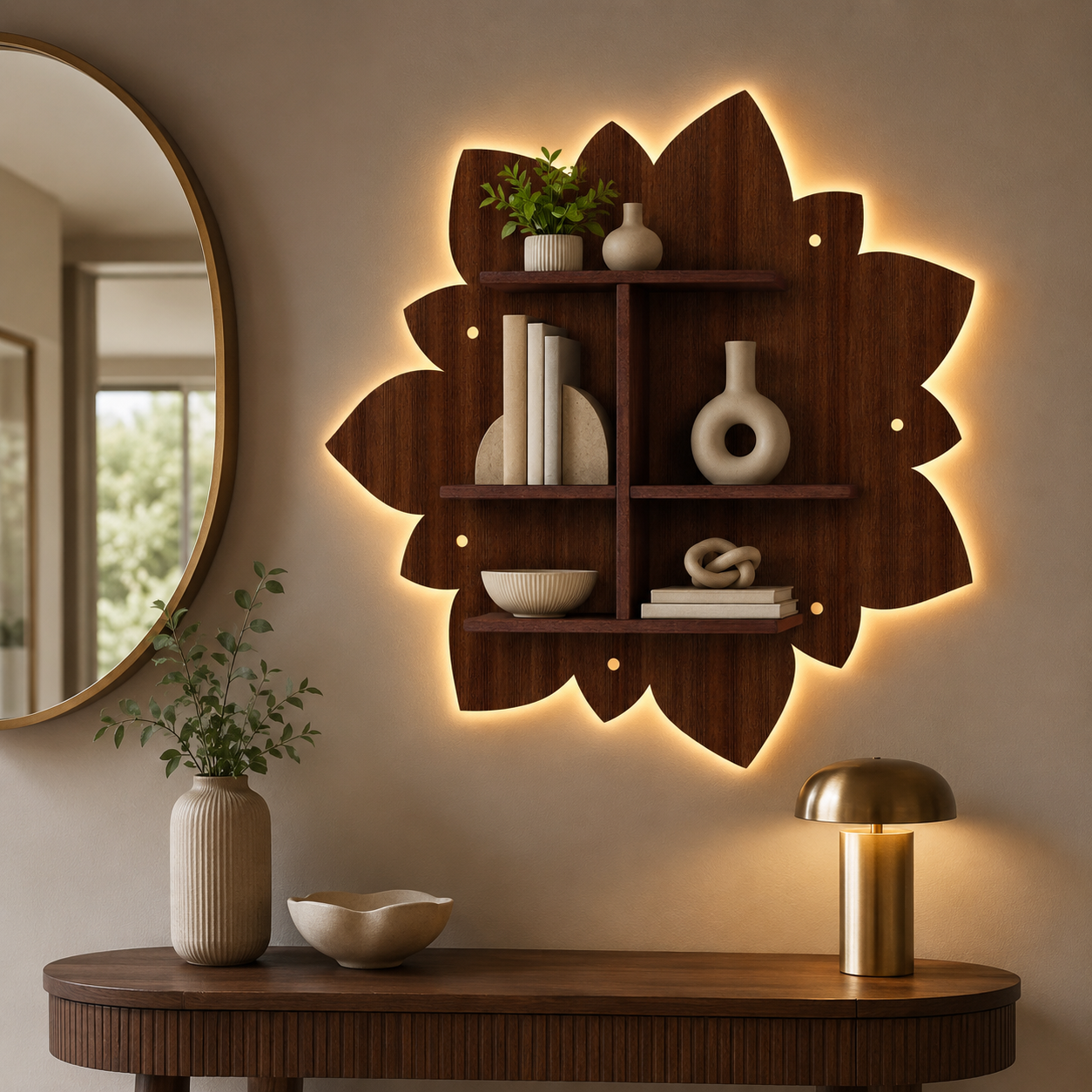 Designer Rangoli Shape Wooden LED Light Wall Shelf with Walnut Finish