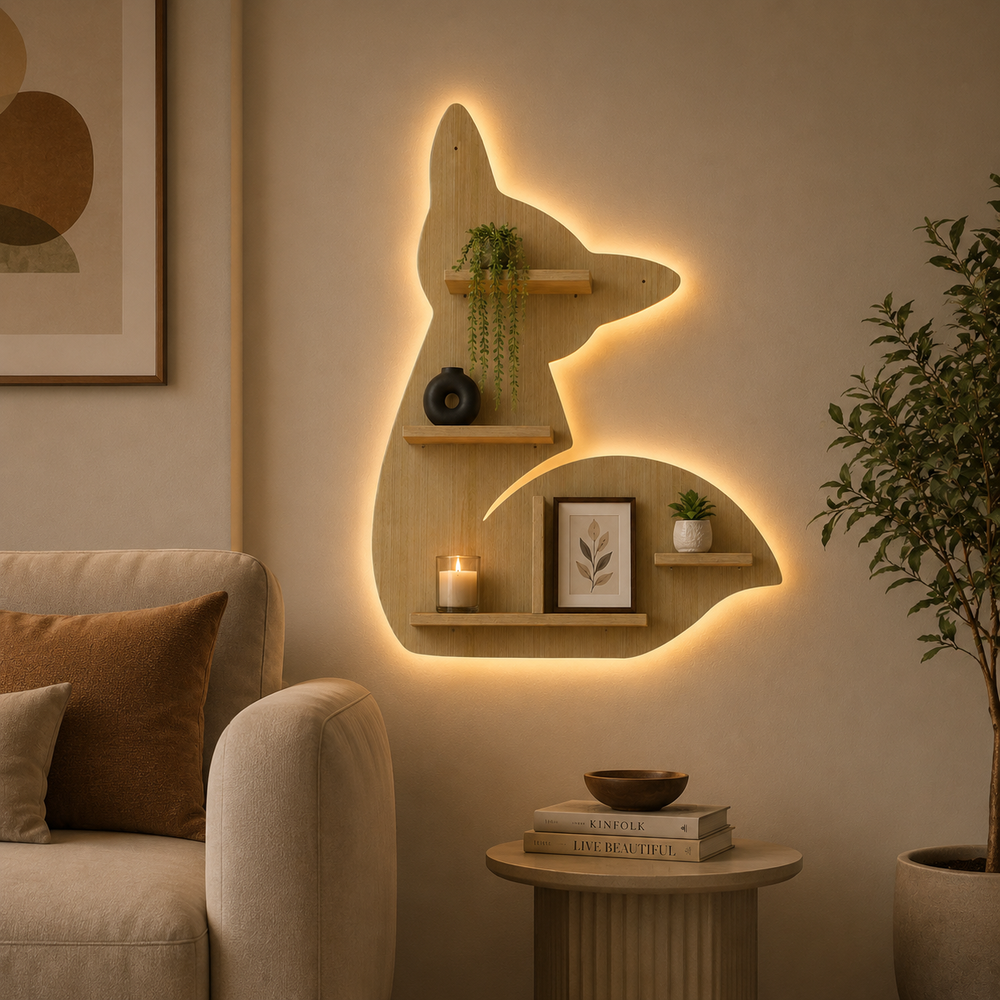 Designer Fox Shape Wooden LED Light Wall Shelf with Oak Finish