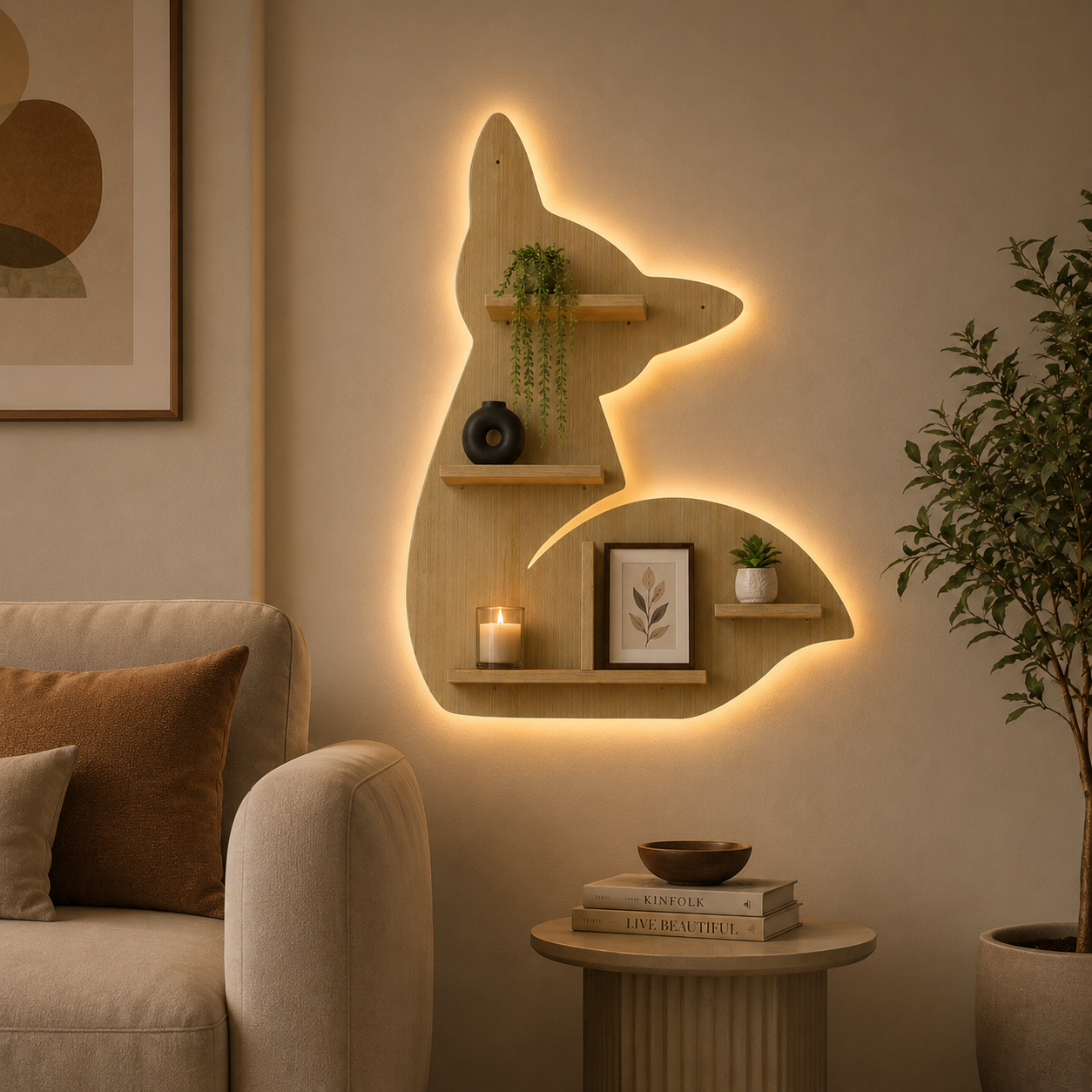 Designer Fox Shape Wooden LED Light Wall Shelf with Oak Finish