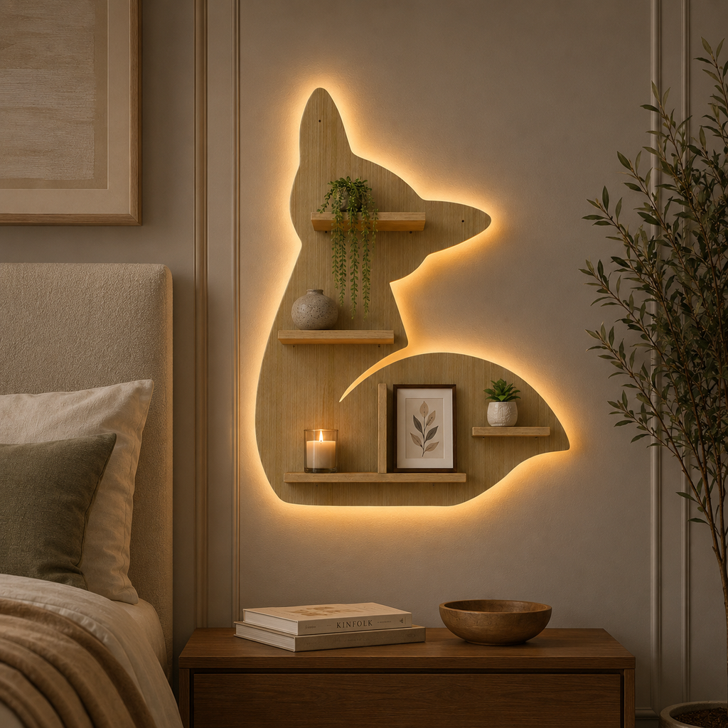 Designer Fox Shape Wooden LED Light Wall Shelf with Oak Finish