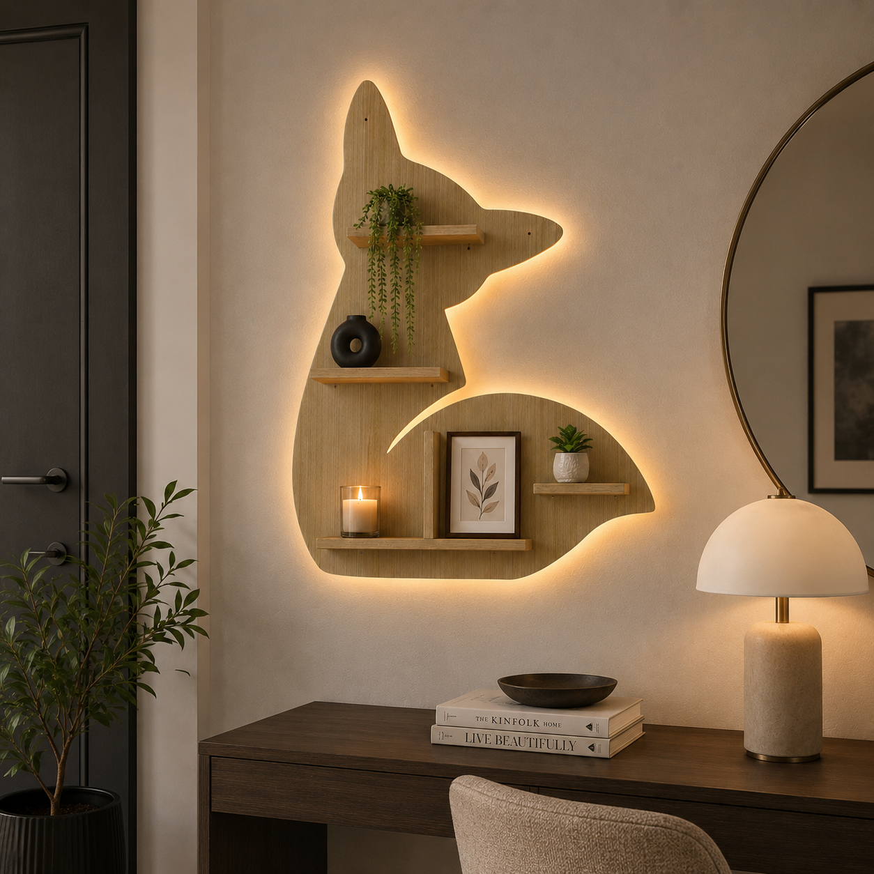 Designer Fox Shape Wooden LED Light Wall Shelf with Oak Finish