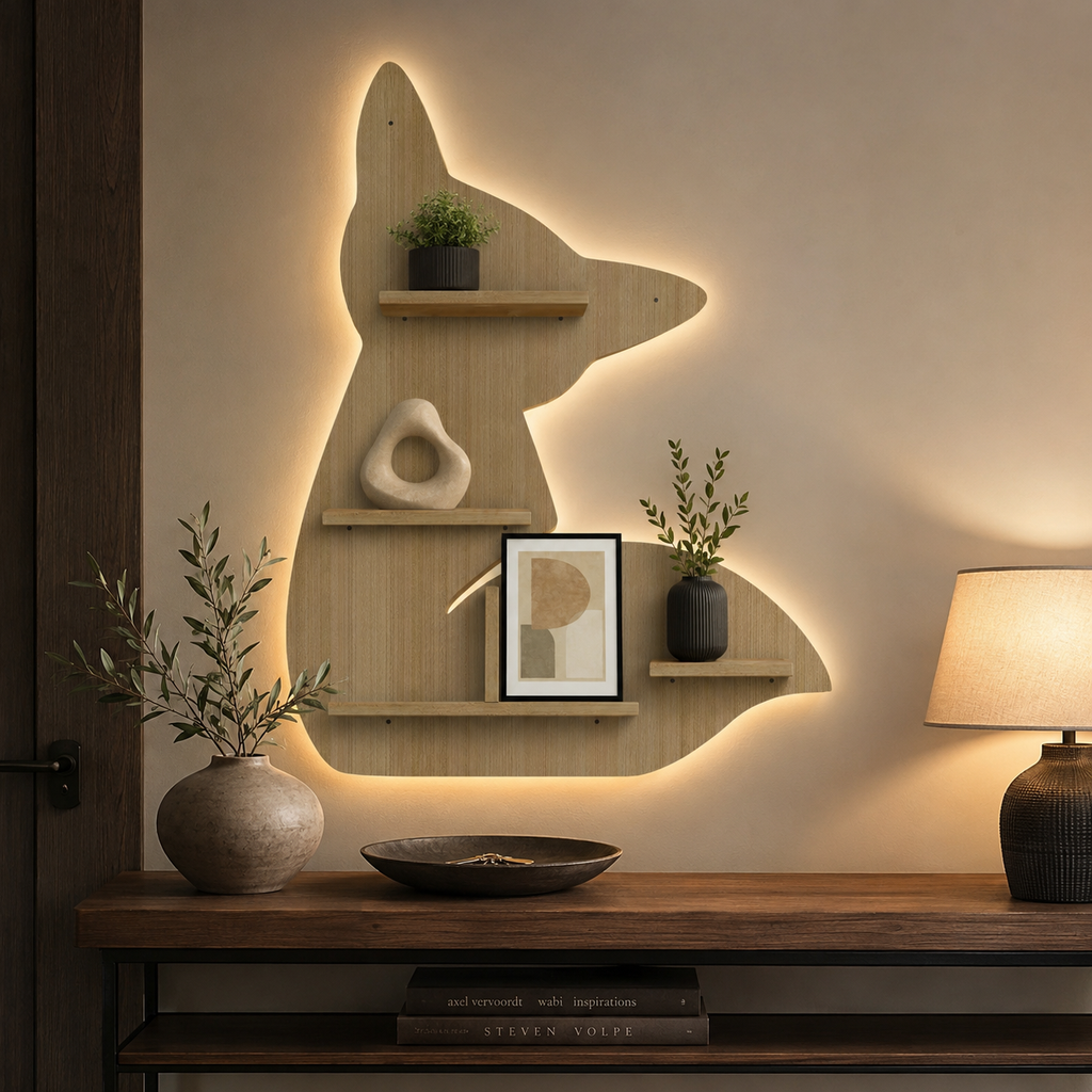 Designer Fox Shape Wooden LED Light Wall Shelf with Oak Finish
