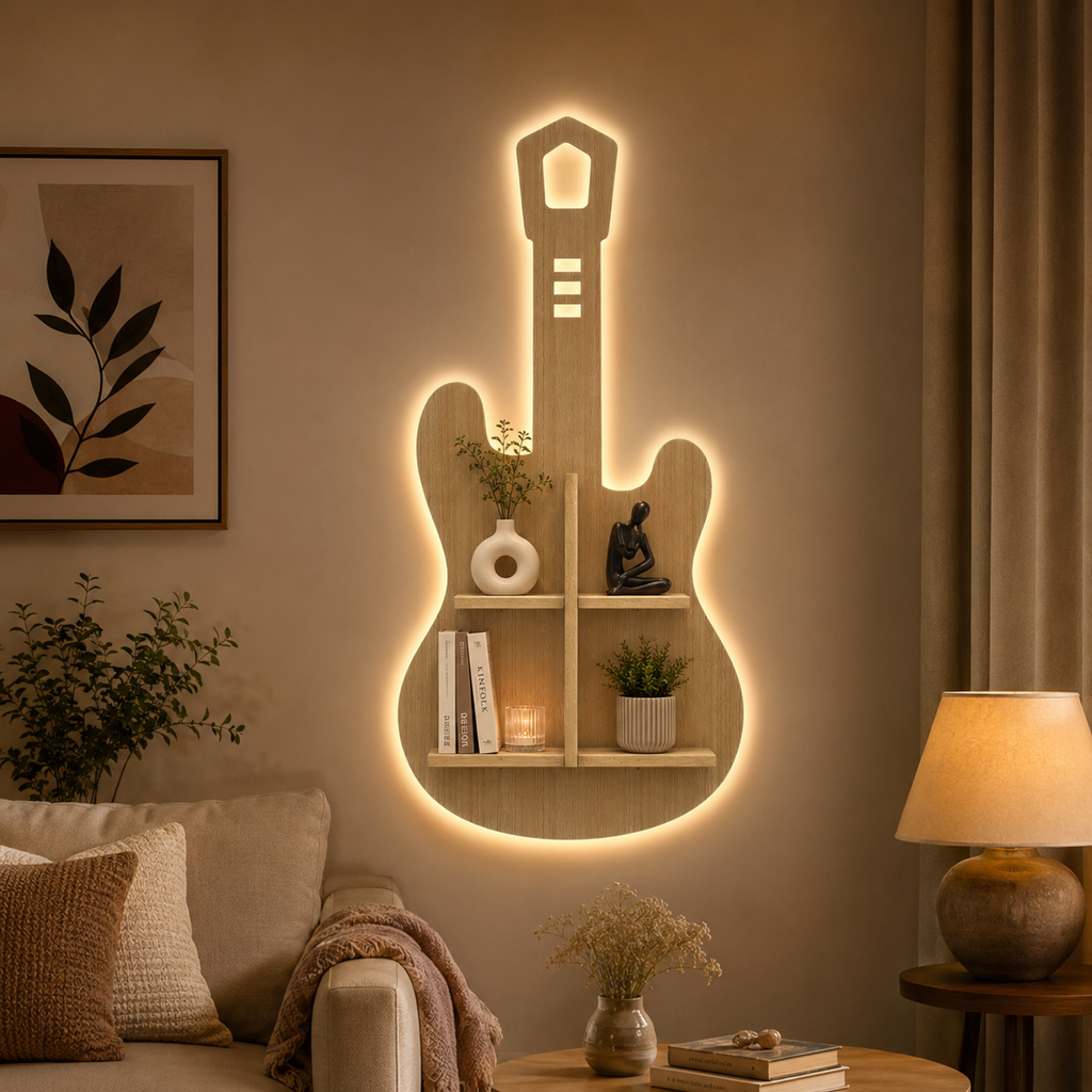 Guitar Shape Wooden Wall Shelf LED Light Wall Shelf with Oak Finish
