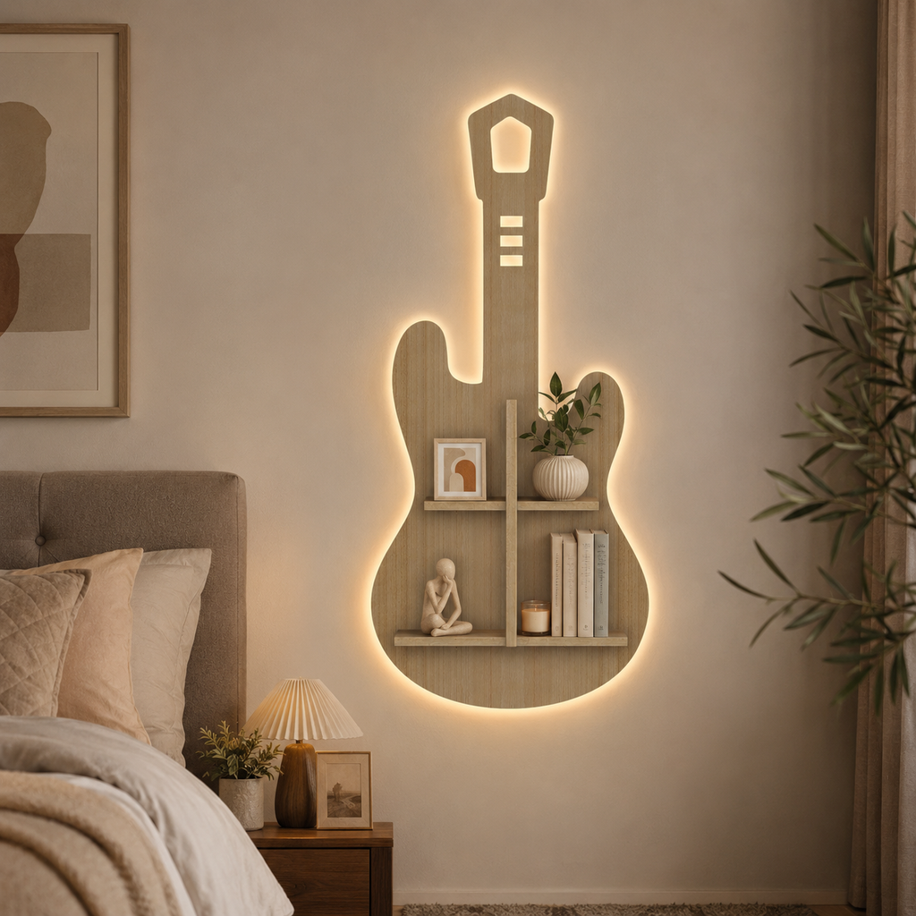 Guitar Shape Wooden Wall Shelf LED Light Wall Shelf with Oak Finish