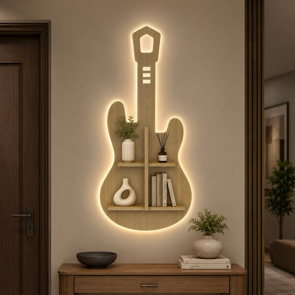 Guitar Shape Wooden Wall Shelf LED Light Wall Shelf with Oak Finish