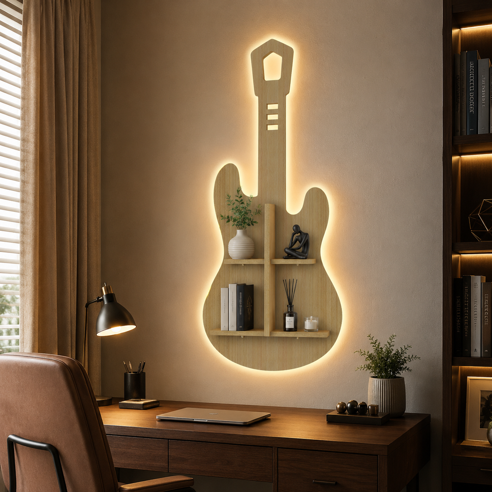Guitar Shape Wooden Wall Shelf LED Light Wall Shelf with Oak Finish