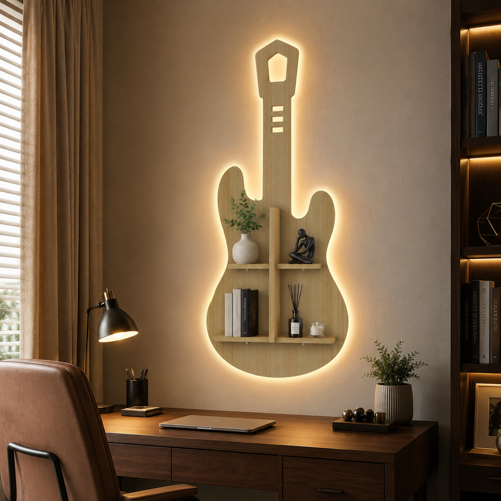 Guitar Shape Wooden Wall Shelf LED Light Wall Shelf with Oak Finish