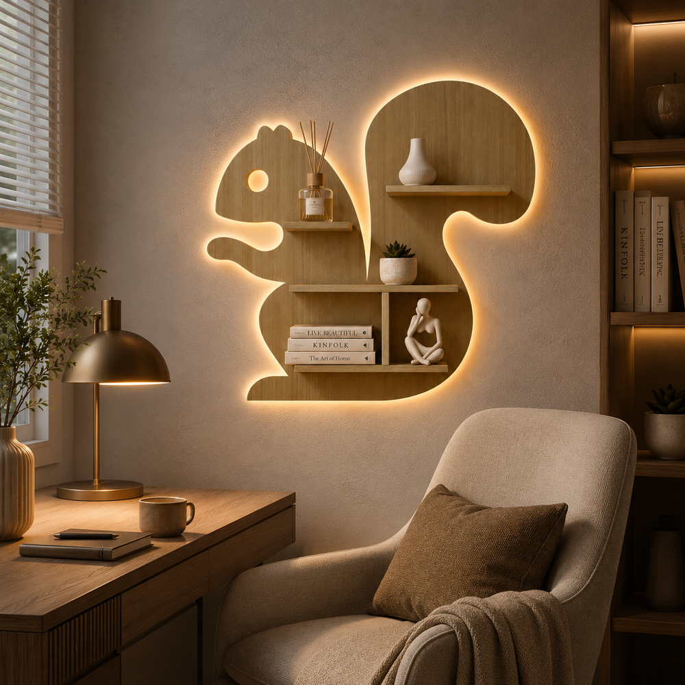 Squirrel Shape Wooden Wall Shelf LED Light Wall Shelf with Oak Finish