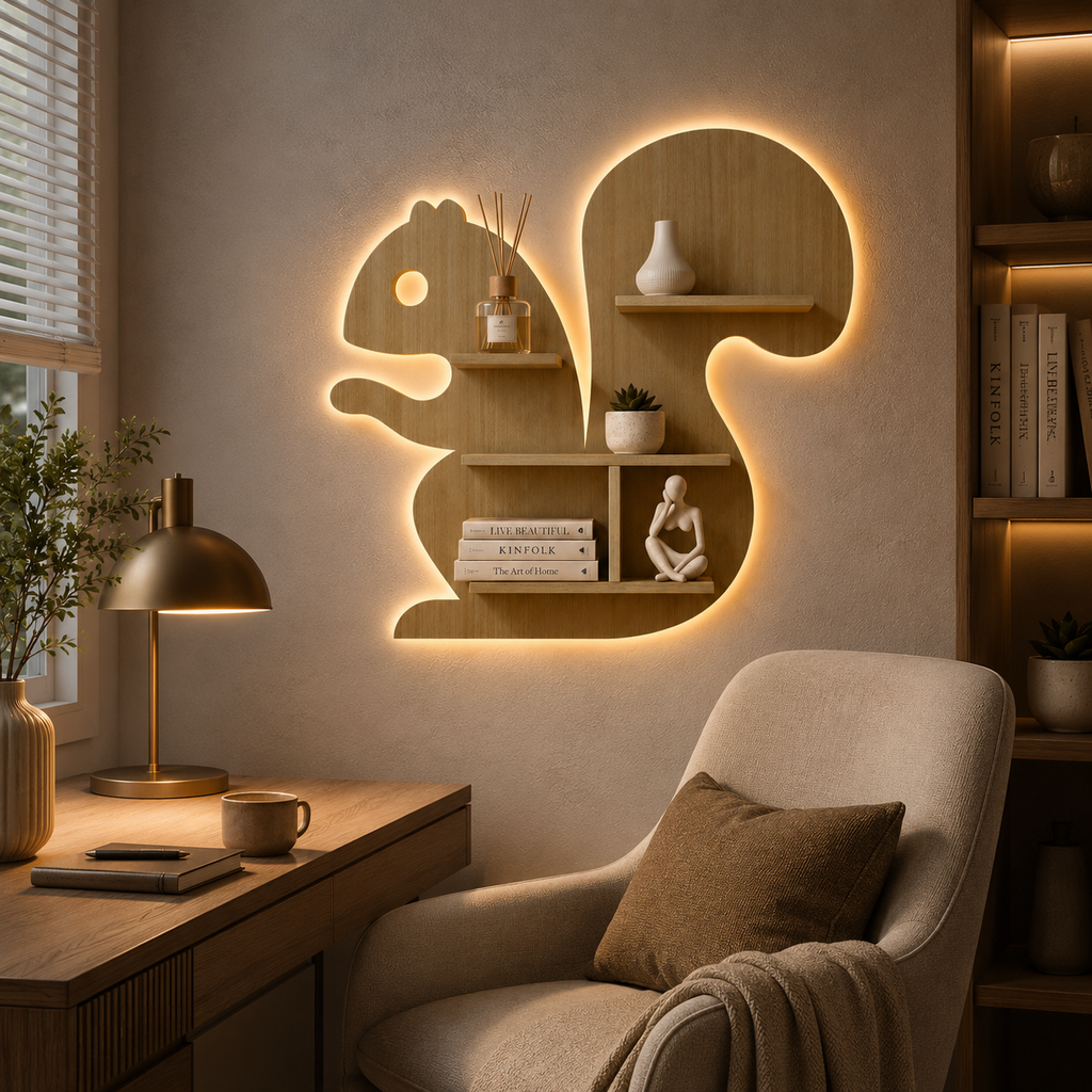 Squirrel Shape Wooden Wall Shelf LED Light Wall Shelf with Oak Finish