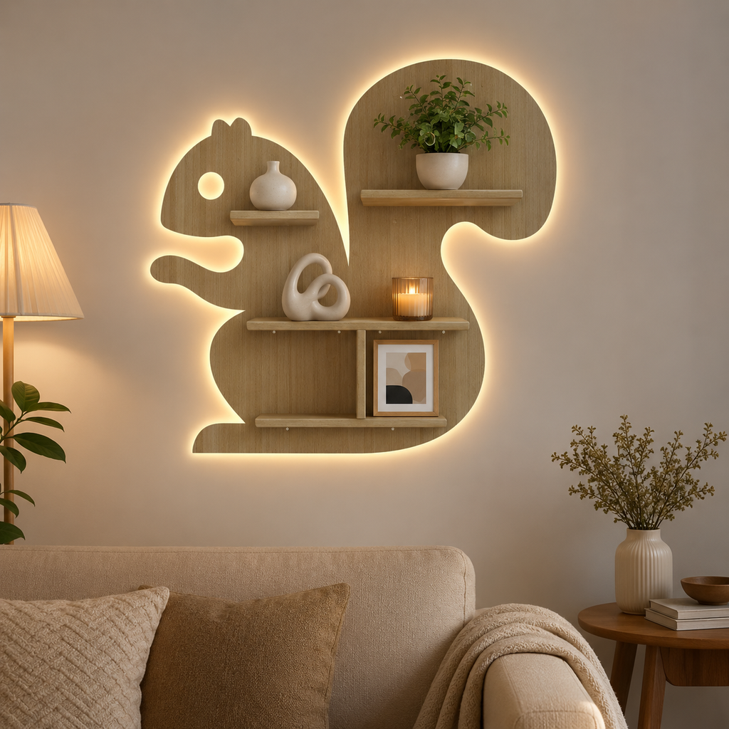 Squirrel Shape Wooden Wall Shelf LED Light Wall Shelf with Oak Finish
