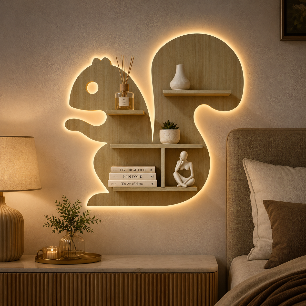 Squirrel Shape Wooden Wall Shelf LED Light Wall Shelf with Oak Finish