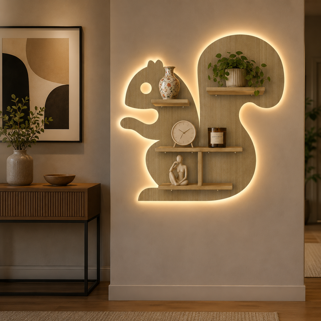 Squirrel Shape Wooden Wall Shelf LED Light Wall Shelf with Oak Finish