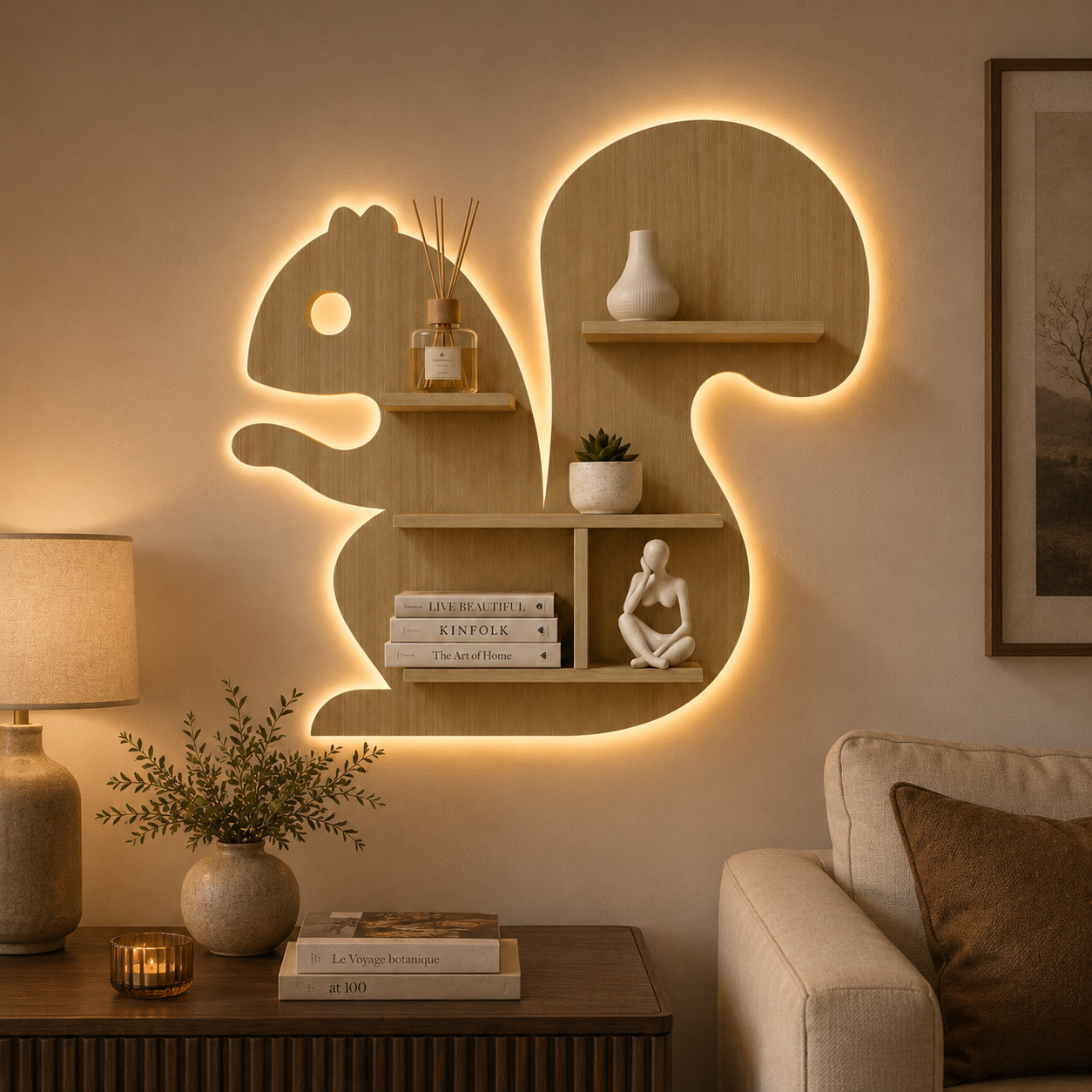 Squirrel Shape Wooden Wall Shelf LED Light Wall Shelf with Oak Finish
