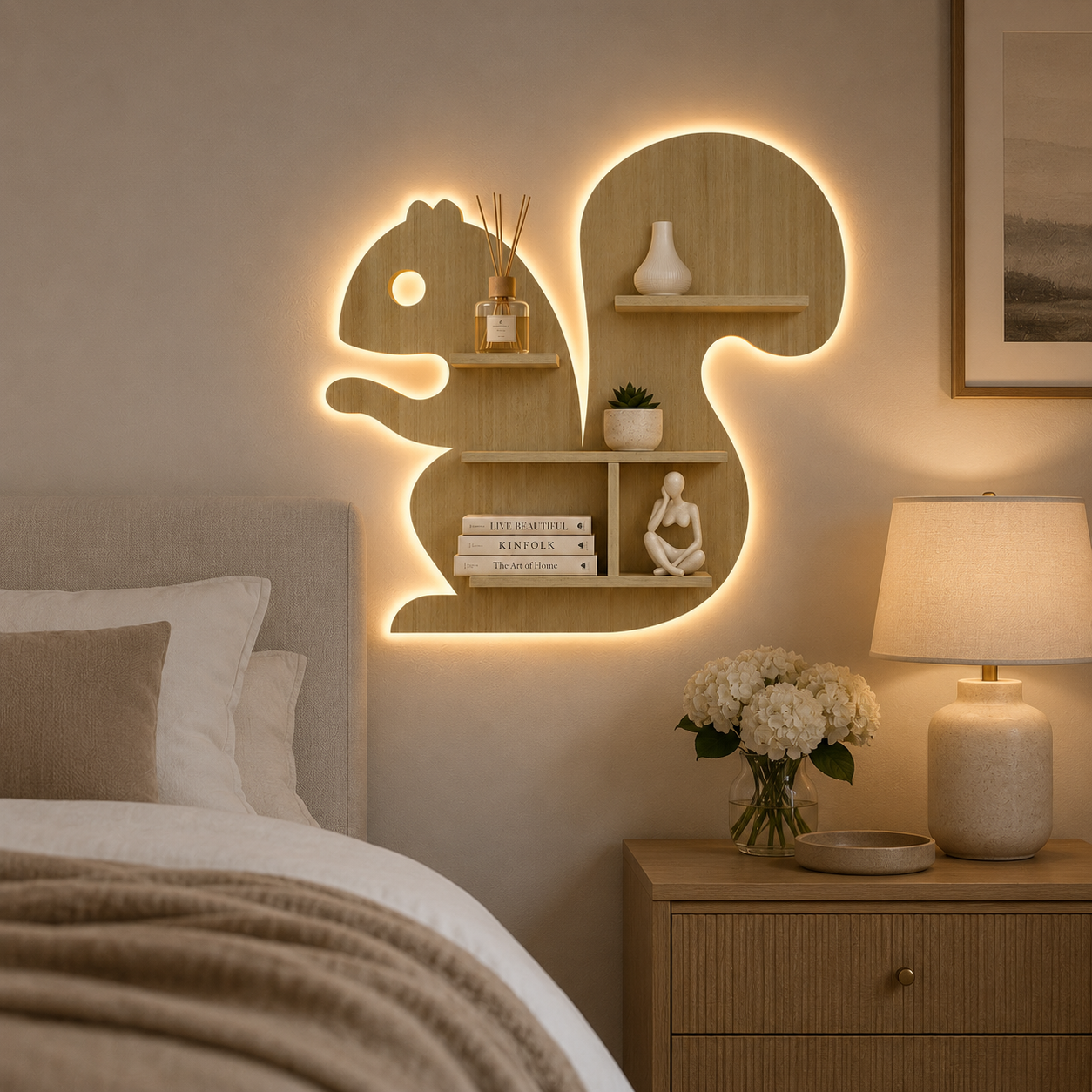 Squirrel Shape Wooden Wall Shelf LED Light Wall Shelf with Oak Finish