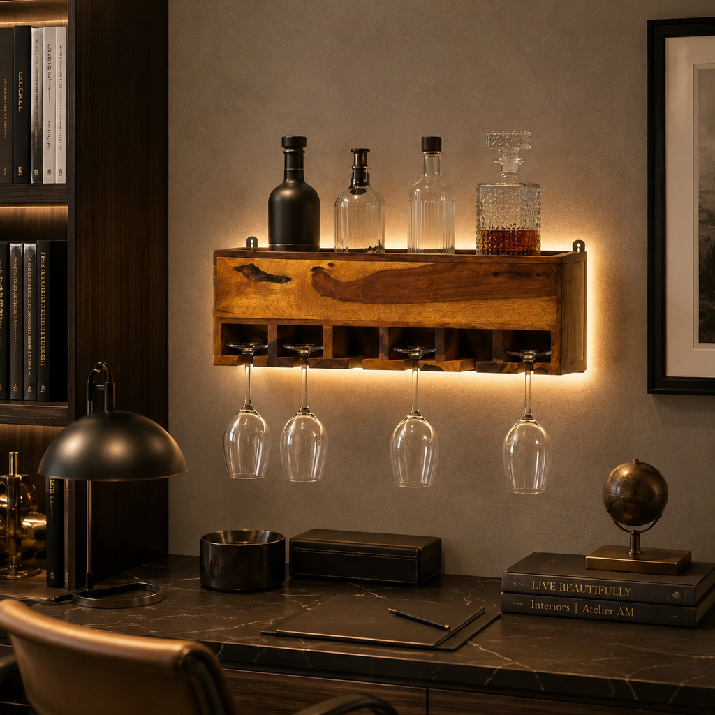 Yellow Natural Teak Wood Wall Mounted Mini Bar Shelf