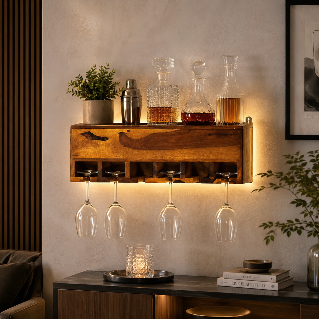 Yellow Natural Teak Wood Wall Mounted Mini Bar Shelf
