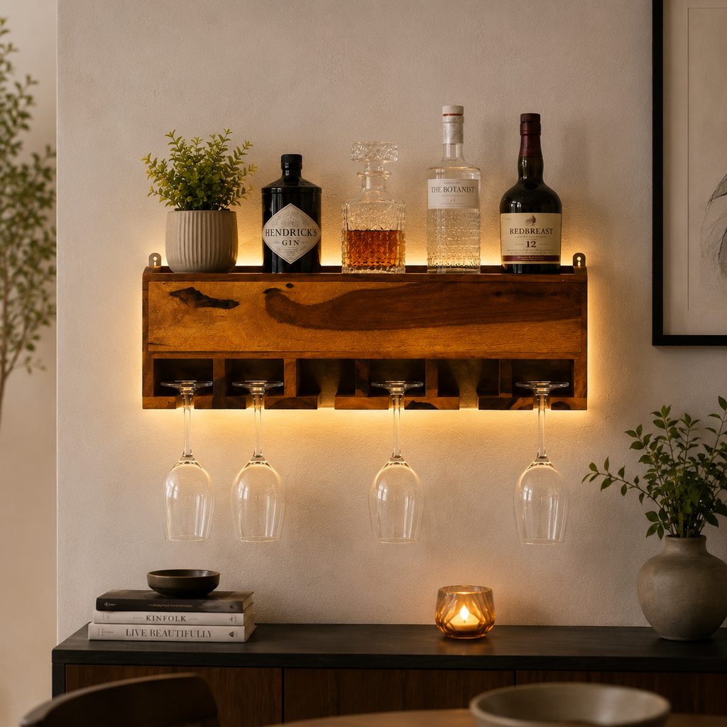 Yellow Natural Teak Wood Wall Mounted Mini Bar Shelf