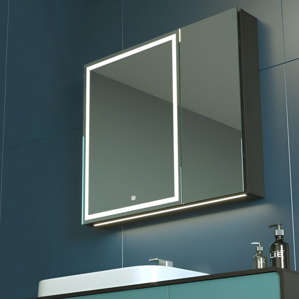 Warm Light Illuminated Vanity Cabinet Dual Mirror Doors