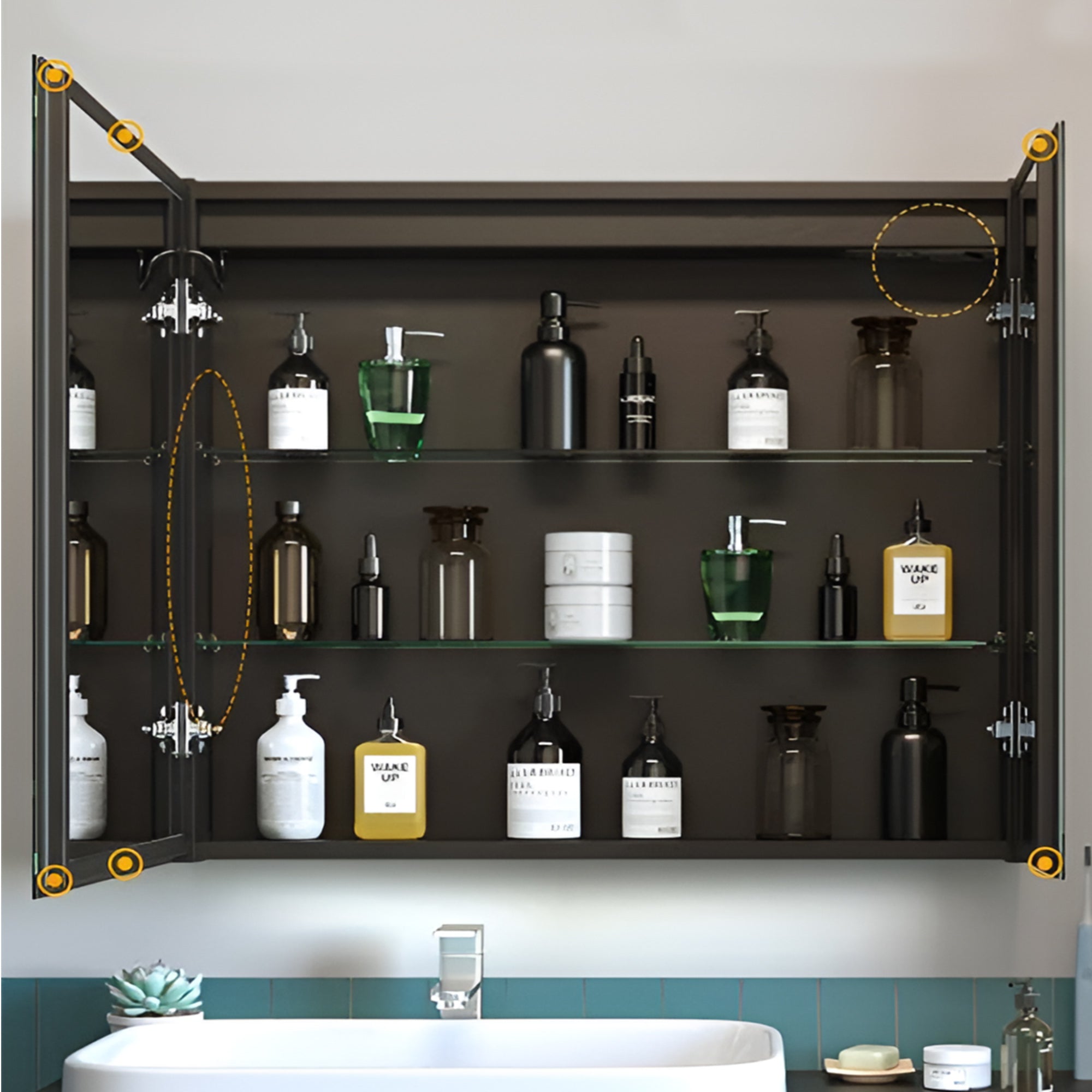 Warm Light Illuminated Vanity Cabinet Dual Mirror Doors